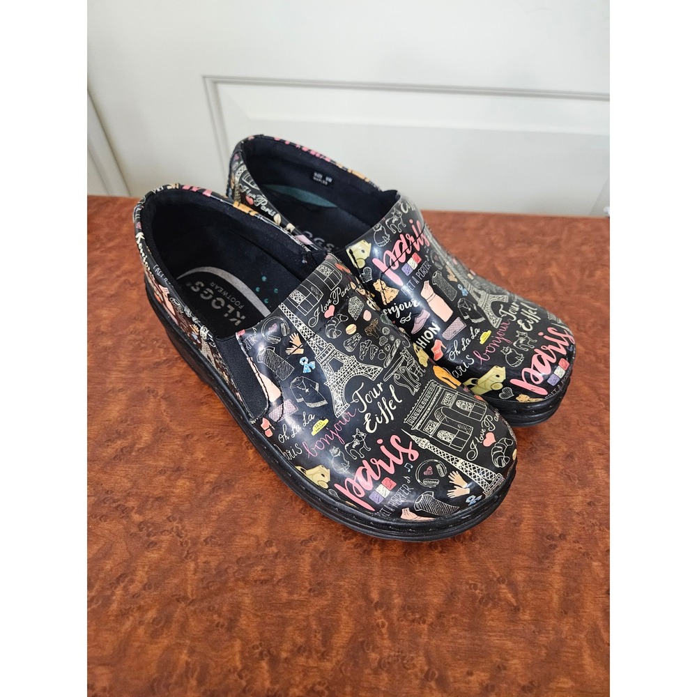 Klogs Moxy Clogs 8M Black Paris Print Leather Slip Resistant Work Shoes